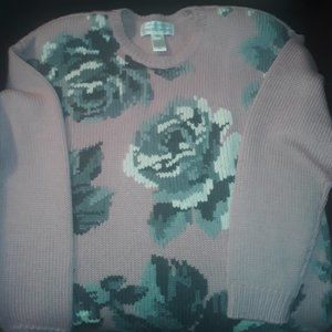 Jones New York Size Medium Wool PINK Floral Hand Embroidered Pullover Sweater